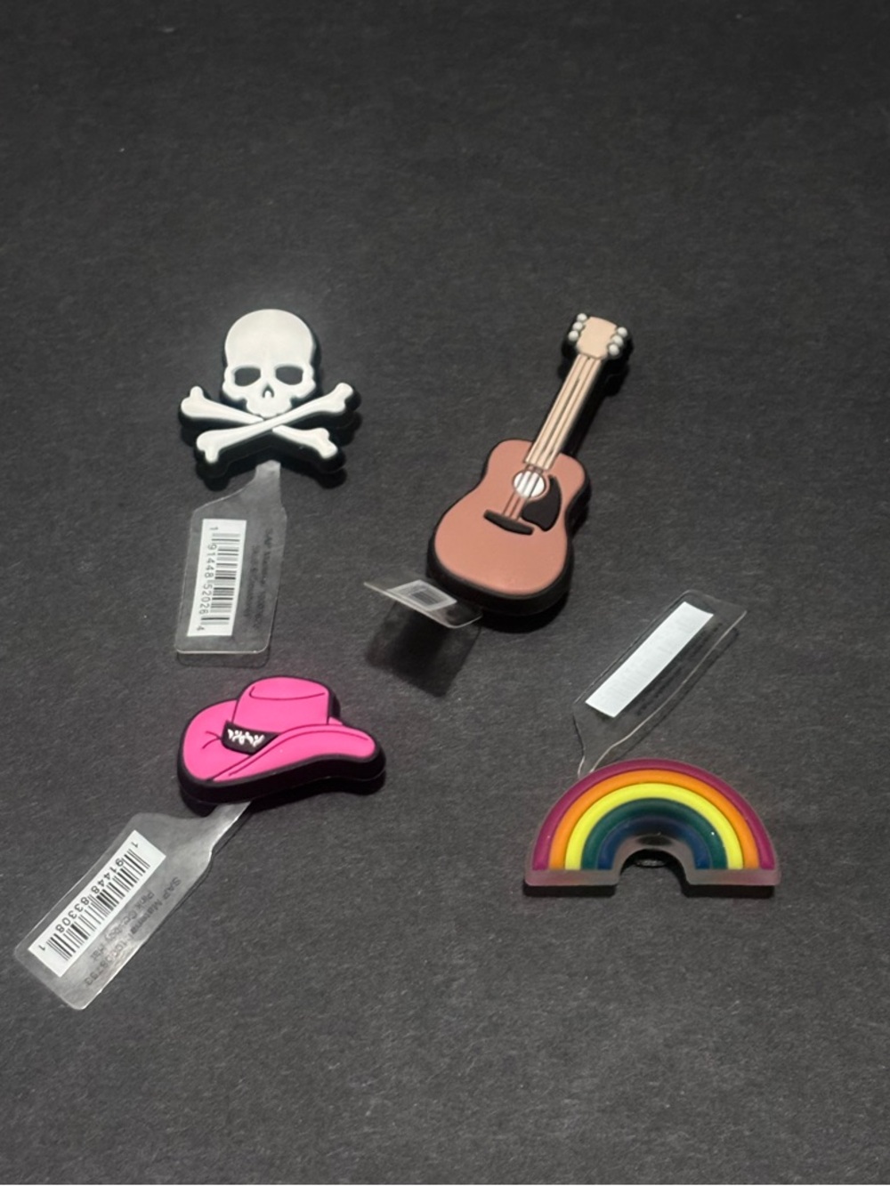 NWT- Crocs Jibbitz Set of 4 Charms- Pink Cowboy Hat, Rainbow, Guitar & Skull